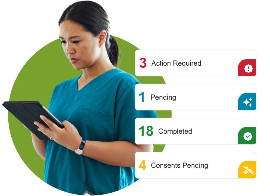 nurse on tablet with software UI
